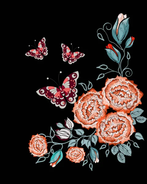 用橙花 蝴蝶和其他野花做的绣花装饰 — 图库矢量图片
