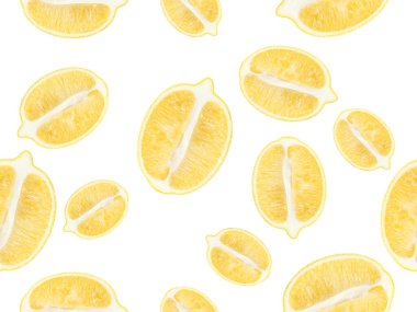 Limonlar kesilecek, dilimler. Citrus dikişsiz desen. Beyaz arka planda izole edilmiş limon dilimleri. Üst manzara, düz plan. Yiyecek dokusu