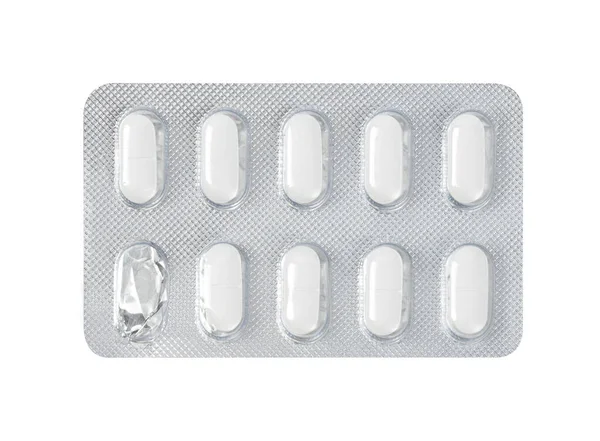 Pharmaceutical drugs in started silver blister packing with one used pill, panel packs isolated on white background. Clipping path, close up.
