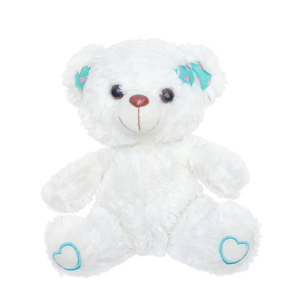 Beyaz arka planda izole edilmiş tiffany renkli kulakları olan sevimli beyaz tüylü oyuncak ayı.