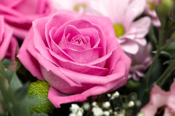 Ροζ Τριαντάφυλλα Χρυσάνθεμα Μπουκέτο Κοντινό Πλάνο Floral Φόντο Έννοια Πρόσκλησης — Φωτογραφία Αρχείου