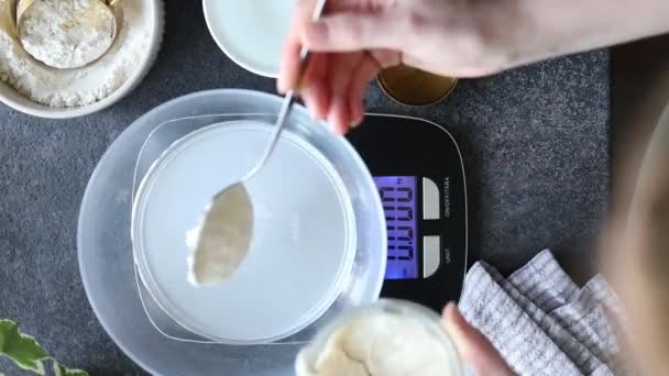 Top View Woman Hands Adding Sourdough Starter Water Bowl Baking — Stock Video