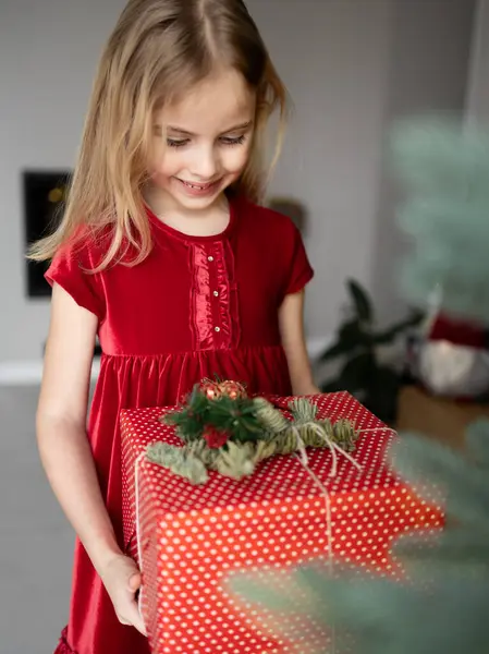 Kırmızı elbiseli çocuk gülümsüyor ve güzelce paketlenmiş bir Noel hediyesi taşıyor. Çocuk, sezonluk dekorasyon hediyeleriyle süslenmiş.