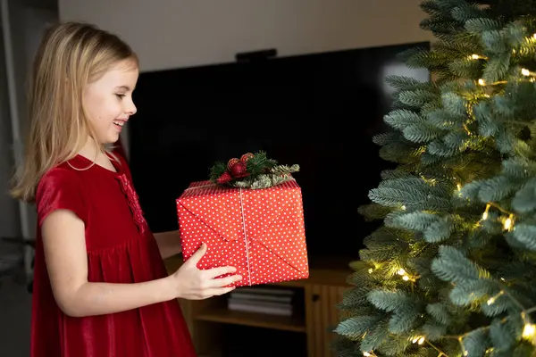 Kırmızı elbiseli çocuk, Noel ağacı, Noel ruhu ve heyecanın yanında süslü süslerle süslenmiş hediyeler taşıyor. Boşluğu kopyala