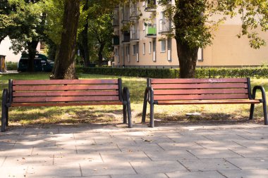 Kentsel arkaplanda ahşap banklar