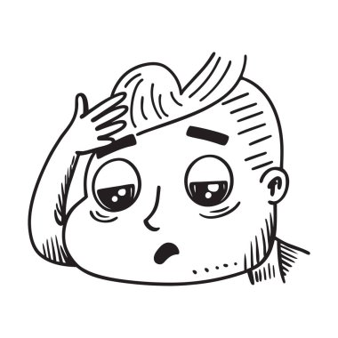 Düşünceli ya da düşünceli duyguları olan bir karakterin siyah ve beyaz karikatür çizimi. Yaratıcı projelerde veya duygusal görsel iletişimde kullanılabilir.