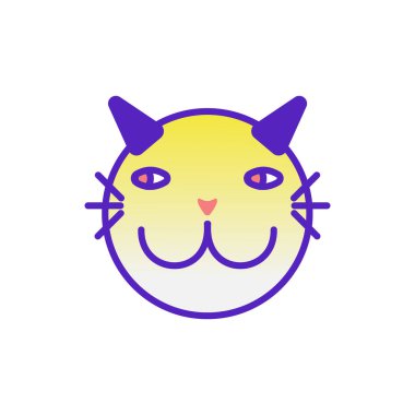 Kedi gülüşü emojisi çok renkli gradyan komik çizgi vektör çizimi. Bıyıklı bir kedinin kafası. Parlak renkli hayvanlar. Beyaz arka planda izole bir karalama..