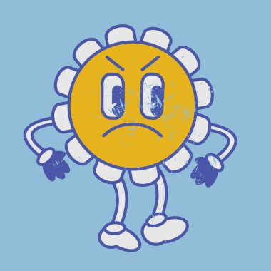 Angry face retro chamomile flower emoji smile. Fearful vintage 50s 60s 70s style retro flower naive emoticon. Worn effect texture. Vector cartoon funny hero with eyes, mouth, hands, legs image.