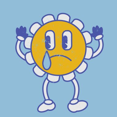 Cry face retro chamomile flower emoji smile. Disappointed vintage 50s 60s 70s style retro flower naive emoticon with tear. Worn effect texture. Vector cartoon hero with eyes, mouth, hands, legs image.