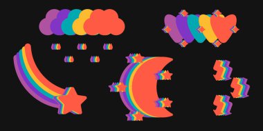 Set of hipster psychedelic vector rainbow coloured elements on black background. 1970 groovy style design element: hearts, lightning, cloud, moon, stars, comet, drops. Abstract shape decor.