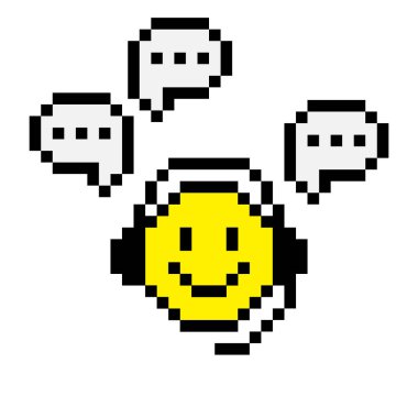 Pikselleşmiş kulaklıklı gülümseyen kafa ara vermeden soruları cevaplıyor. Chatbot çizimi. Robot desteği. İnternetten müşteri desteği. Sanal yardımcı karakter. Retro emoji gülümseme ikonu eğlenceli görüntü.