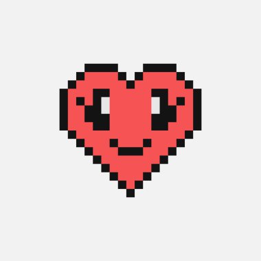 Piksel tarzı kalp emojisi. Gülen yüz vektör çizimi. 90 'ların tarzı. Kırmızı antika aşk simgeleri düz dizayn, ana hatlarıyla. Aşk duygularını ifade et. Pikselleştirilmiş retro oyun 8 bit tasarımı.