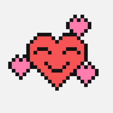 Piksel tarzı kalp emojisi. Kalpli gülen yüz. Gözleriniz kapalı gülümseyin. 90 'ların tarzı. Kırmızı emoji düz dizayn. Aşk duygularını ifade et. Pikselleştirilmiş retro oyun 8 bit tasarımı.