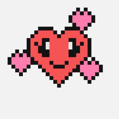 Piksel tarzı kalp emojisi. Kalpli, gülen çizgi film suratı. Gülen karakter vektör çizimi. 90 'ların tarzı. Kırmızı emoji düz dizayn. Aşk duygularını ifade et. Pikselleştirilmiş retro oyun 8 bit tasarımı.