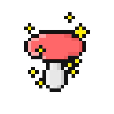 Ateşböcekleri ile pikselli mantar vektör çizimi. 90 'ların eski oyun estetiği. Pikselleştirilmiş klasik bilgisayar oyunu 8 bit tasarımı. Nostaljik video oyunu düz tasarım öğesi. Mükemmel mozaik piksel 64.