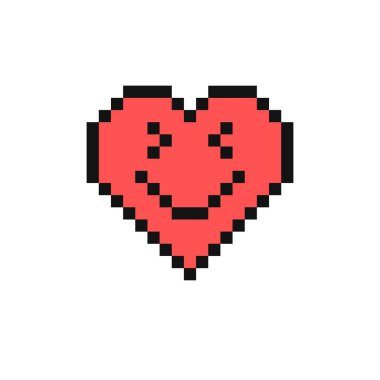 Sırıtan şaşı surat emojisi. Piksel tarzı kalp emojisi. Gülen yüz vektör çizimi. 90 'ların tarzı kalp şeklinde bir ifade. Klasik aşk simgeleri düz tasarım. Pikselleştirilmiş retro oyun 8 bit tasarımı.