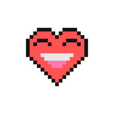 Gülen gözlerle sırıtan yüz, gülen yüz, gülen yüz. Piksel tarzı kalp emojisi. 90 'ların tarzı kalp şeklinde bir ifade. Klasik aşk simgeleri düz tasarım. Pikselleştirilmiş retro oyun 8 bit tasarım illüstrasyonu.