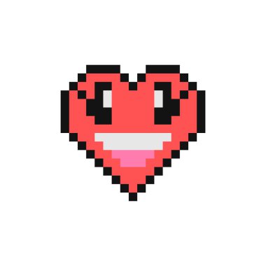 Kocaman gözleri olan sırıtan bir yüz. Piksel tarzı kalp emojisi. Gülen yüz çizimi. 90 'ların tarzı kalp şeklinde bir ifade. Klasik aşk simgeleri düz tasarım. Pikselleştirilmiş retro oyun 8 bit tasarım illüstrasyonu.