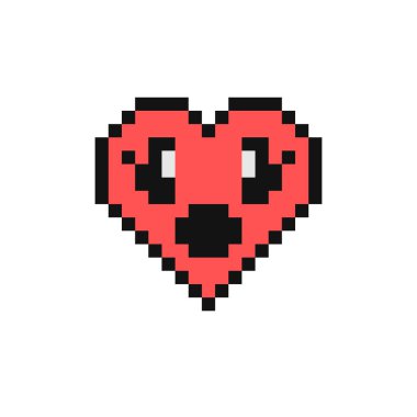 Ağız yuvarlak çizimi ile gülen, şaşırmış bir surat. Piksel tarzı emoji şoku tarif ediyor, vay be. 90 'ların modası geçmiş kalp şeklinde bir ifade. Pikselli retro oyun 8 bit düz tasarım ana hatlı