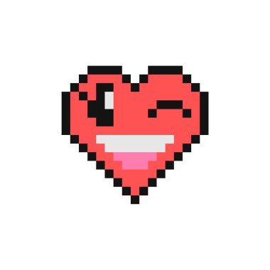 Göz kırpan yüz vektör çizimi. Piksel tarzı göz kırpma emojisi bir şakayı ya da gizli bir anlamı işaret eder. Mesajla gülümse. 90 'ların modası geçmiş kalp şeklinde bir ifade. Pikselli retro oyun ana hatlı 8bit tasarımı.