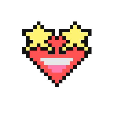 Gülen surat, açık gülümseme, üst dişlerini gösterme, gözler için yıldızlar. Piksel tarzı emoji, çok sevilen bir ünlüyü gördüğünü gösteriyor. 90 'ların modası geçmiş kalp şeklinde bir ifade. Pikselleştirilmiş retro oyun 8 bit tasarımı.