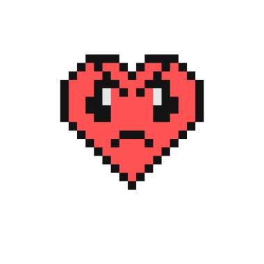 Kızgın yüz, somurtkan ağız, gözler ve kaş çizimi. Piksel tarzı emoji aşırı öfke, hayal kırıklığı ve öfke iletir. 90 'ların modası geçmiş kalp şeklinde bir ifade. Pikselleştirilmiş retro oyun 8 bit tasarımı