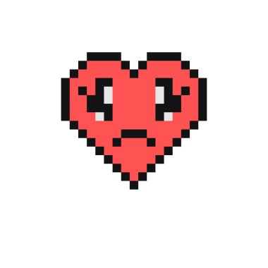 Üzücü hayal kırıklığına uğramış yüz vektörü çizimi. Piksel tarzı emoji, mutsuz ve üzgün bir yüz ifadesi sergiliyor. Mesajla gülümse. 90 'ların modası geçmiş kalp şeklinde bir ifade. Pikselli retro oyun ana hatlı 8bit tasarımı.