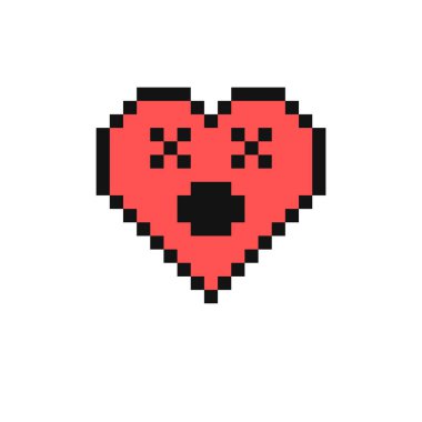 Gözler için X 'li yüz. Piksel tarzı, şaşı gözlü emoji şok, sersemleme, baş dönmesi, hastalık, mide bulantısı, ölüm, ölüm iletir. 90 'lı yılların klasik kalp şekli. Pikselleştirilmiş retro oyun 8 bit tasarımı.