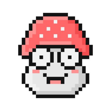 Piksel stili tarımsal mantar çizimi. Gözlüklü çizgi film ineği suratı. İnek için Emoji sembolü, bir zeka bilinci iletin. 90 'ların retro video oyunu estetiği. Mükemmel mozaik piksel 64.
