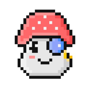 Piksel stili tarımsal mantar çizimi. Tek gözlüklü çizgi film yüzü. Emoji şov düşünceli, düşünceli, şüpheci, alaycı, sofistike. 90 'ların retro video oyunu estetiği. Mükemmel mozaik piksel 64.