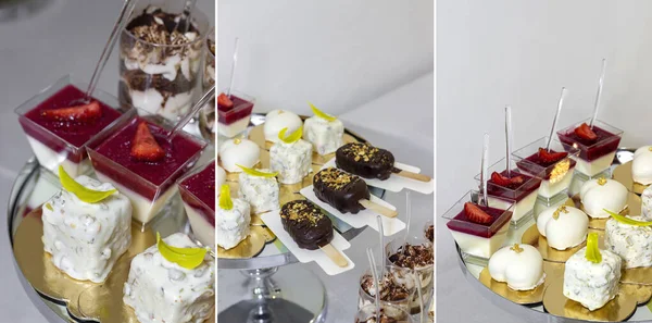 Collage Aus Leichten Zarten Desserts Hochzeitsschokoriegel Fruchtige Erdbeere Schokolade Pistazienkuchen — Stockfoto