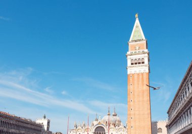 Güzel San Marco meydanı, Campanile kulesi ve Saint Marks Bazilikası ile Venedik 'in tarihi şehir merkezinde güneşli bir yaz günü. Turizm konsepti. 
