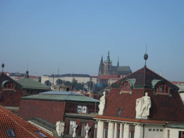 Prague seen from top of Astronomical clock. Next to the Old Town Square, there is the imposing Astronomical Clock. Built in 1410 by clockmaker Mikulas de Kadan, it is considered one of the oldest in Europe. Prague. Czech republic