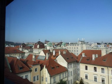 Prague seen from top of Astronomical clock. Next to the Old Town Square, there is the imposing Astronomical Clock. Built in 1410 by clockmaker Mikulas de Kadan, it is considered one of the oldest in Europe. Prague. Czech republic