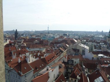 Prague seen from top of Astronomical clock. Next to the Old Town Square, there is the imposing Astronomical Clock. Built in 1410 by clockmaker Mikulas de Kadan, it is considered one of the oldest in Europe. Prague. Czech republic