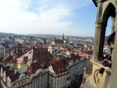 Prague seen from top of Astronomical clock. Next to the Old Town Square, there is the imposing Astronomical Clock. Built in 1410 by clockmaker Mikulas de Kadan, it is considered one of the oldest in Europe. Prague. Czech republic