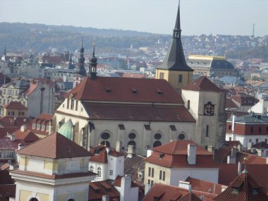 Prague seen from top of Astronomical clock. Next to the Old Town Square, there is the imposing Astronomical Clock. Built in 1410 by clockmaker Mikulas de Kadan, it is considered one of the oldest in Europe. Prague. Czech republic