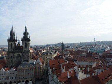 Prague seen from top of Astronomical clock. Next to the Old Town Square, there is the imposing Astronomical Clock. Built in 1410 by clockmaker Mikulas de Kadan, it is considered one of the oldest in Europe. Prague. Czech republic