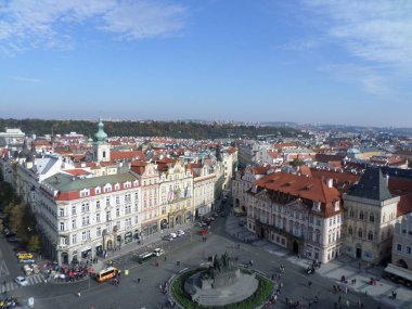 Old Town Square seen from top of Astronomical clock. Next to the Old Town Square, there is the imposing Astronomical Clock. Built in 1410 by clockmaker Mikulas de Kadan, it is considered one of the oldest in Europe. Prague. Czech republic