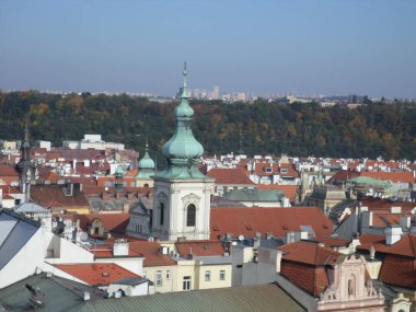 Prague seen from top of Astronomical clock. Next to the Old Town Square, there is the imposing Astronomical Clock. Built in 1410 by clockmaker Mikulas de Kadan, it is considered one of the oldest in Europe. Prague. Czech republic