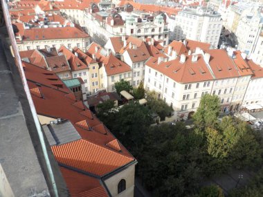 Prague seen from top of Astronomical clock. Next to the Old Town Square, there is the imposing Astronomical Clock. Built in 1410 by clockmaker Mikulas de Kadan, it is considered one of the oldest in Europe. Prague. Czech republic