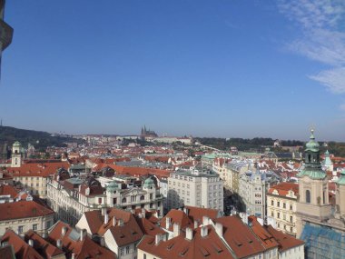 Prague seen from top of Astronomical clock. Next to the Old Town Square, there is the imposing Astronomical Clock. Built in 1410 by clockmaker Mikulas de Kadan, it is considered one of the oldest in Europe. Prague. Czech republic