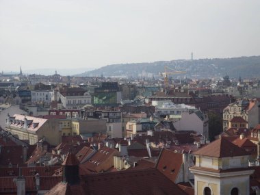 Prague seen from top of Astronomical clock. Next to the Old Town Square, there is the imposing Astronomical Clock. Built in 1410 by clockmaker Mikulas de Kadan, it is considered one of the oldest in Europe. Prague. Czech republic