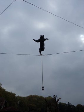 A statue of a tightrope bear above the Bear Pit, a tourist attraction in the Swiss capital city of Bern. Switzerland.