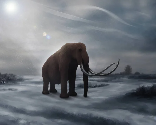 Woolly Mammoth Traveling Snöig Vinterlandskap Istid Digital Konst Övervintrar860 Isolerad Royaltyfria Stockfoton