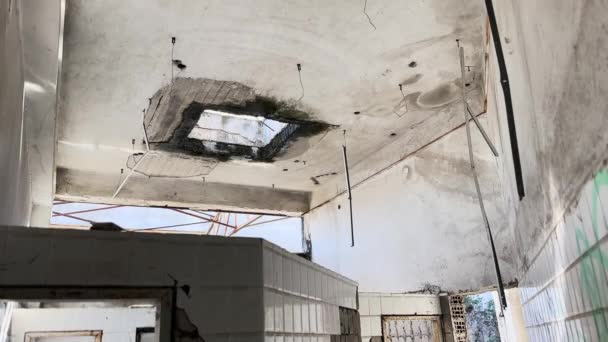 Water Dripping Ceiling Abandoned Factory Toilets — Stockvideo