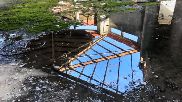 Water Reflections Destroyed Factory Roof — Stockvideo