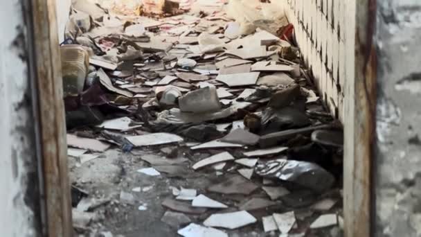 Smashed Tiles Abandoned Factory Corridor — Stockvideo