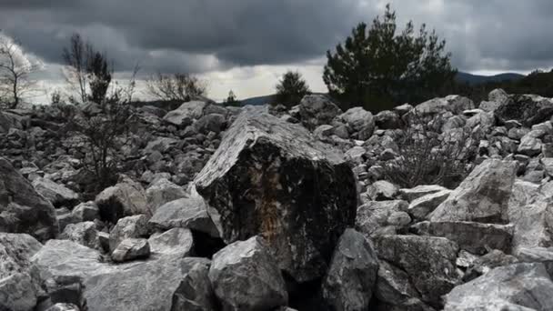 Abandoned Mining Quarry Extractive Industry Piles Stones Gloomy Winter Day — Stok video