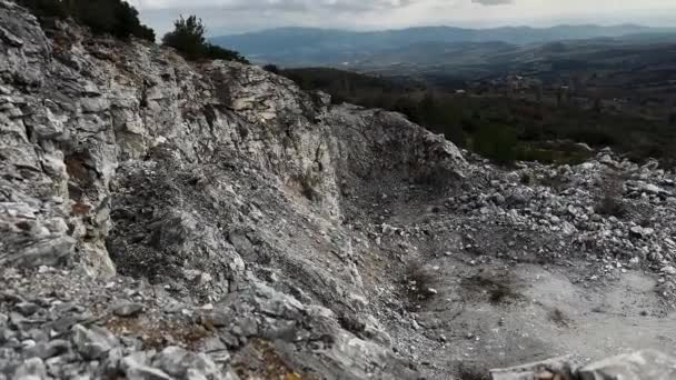 Abandoned Mining Quarry Extractive Industry Piles Stones Gloomy Winter Day — Αρχείο Βίντεο